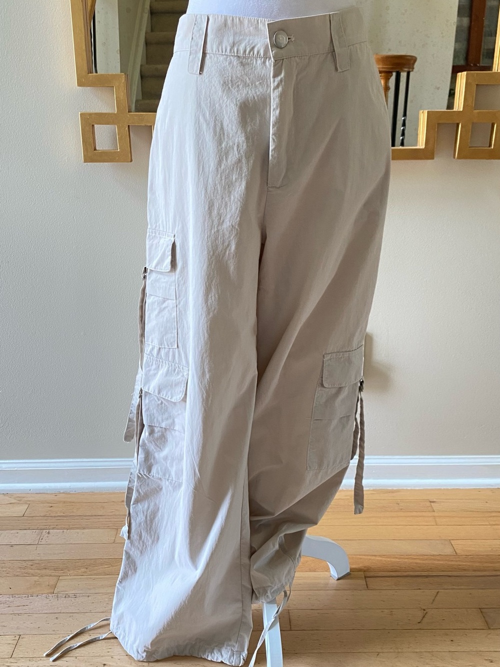 Mahina Hawaii Beige Cargo Utility Pants High Waist Wide Leg Drawstring Hem Large